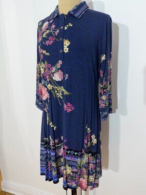 Johnny Was Blue Floral Print Long Sleeve Shirt Dress